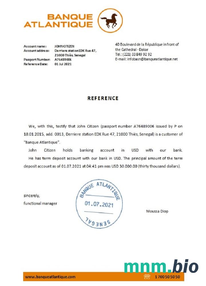 Przykład odniesienia Senegal Banque Atlantique w formatach Word i PDF